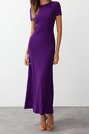 Yeni Slim Casual Günlük Kalın Sandy Örme Bisiklet Yaka Kısa Kol Bodycone Maxi Boy Elbise