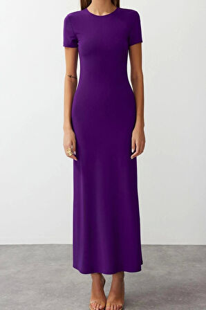 Yeni Slim Casual Günlük Kalın Sandy Örme Bisiklet Yaka Kısa Kol Bodycone Maxi Boy Elbise