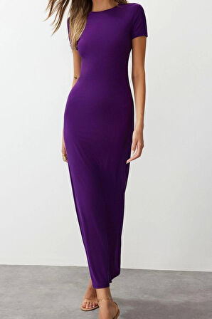 Yeni Slim Casual Günlük Kalın Sandy Örme Bisiklet Yaka Kısa Kol Bodycone Maxi Boy Elbise