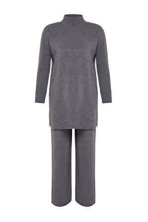 Kadın Moda Şık Geniş Paça Regular Boy Uzun Kollu Yırtmaçlı Geniş Paça Triko Alt-Üst Takım