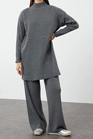 Kadın Moda Şık Geniş Paça Regular Boy Uzun Kollu Yırtmaçlı Geniş Paça Triko Alt-Üst Takım