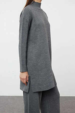 Kadın Moda Şık Geniş Paça Regular Boy Uzun Kollu Yırtmaçlı Geniş Paça Triko Alt-Üst Takım