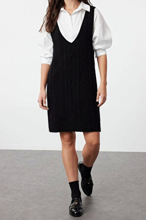 Yeni Regular Casual Günlük Çift Plaka Triko V Yaka Askılı Kol Jile Mini Boy Elbise