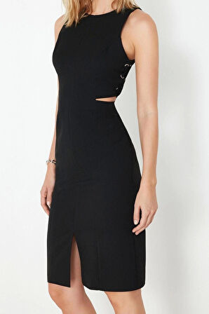 Yeni Regular Gündüz Gece Finike Dokuma Bisiklet Yaka Kolsuz Kol Bodycone Midi Boy Elbise