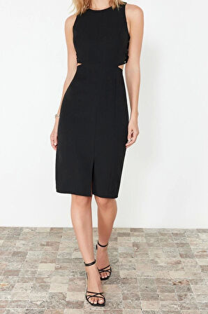 Yeni Regular Gündüz Gece Finike Dokuma Bisiklet Yaka Kolsuz Kol Bodycone Midi Boy Elbise