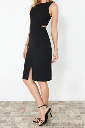 Yeni Regular Gündüz Gece Finike Dokuma Bisiklet Yaka Kolsuz Kol Bodycone Midi Boy Elbise