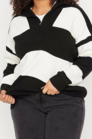 Kadın Büyük Beden Moda Şık Regular Polo Yaka Uzun Kol Çizgili Siyah Fermuarlı Düşük Omuz Triko Kazak