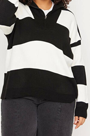 Kadın Büyük Beden Moda Şık Regular Polo Yaka Uzun Kol Çizgili Siyah Fermuarlı Düşük Omuz Triko Kazak
