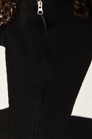 Kadın Büyük Beden Moda Şık Regular Polo Yaka Uzun Kol Çizgili Siyah Fermuarlı Düşük Omuz Triko Kazak