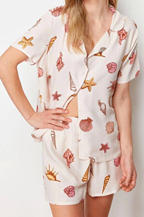 Kadın Viskon Gömlek Yaka Kısa Kol Baskılı Viskon Dokuma Pijama Takımı
