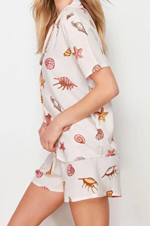 Kadın Viskon Gömlek Yaka Kısa Kol Baskılı Viskon Dokuma Pijama Takımı