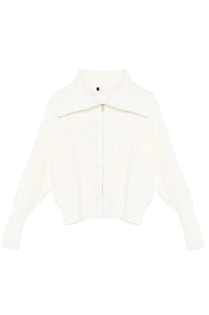 Kadın Moda Şık Regular Devrik Yaka Oversize Lacivert Geniş Kalıp Devrik Yaka Fermuarlı Triko Hırka