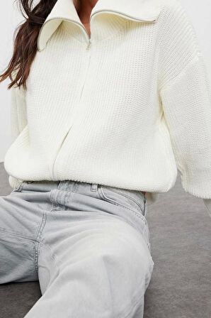 Kadın Moda Şık Regular Devrik Yaka Oversize Lacivert Geniş Kalıp Devrik Yaka Fermuarlı Triko Hırka