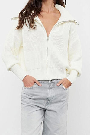 Kadın Moda Şık Regular Devrik Yaka Oversize Lacivert Geniş Kalıp Devrik Yaka Fermuarlı Triko Hırka