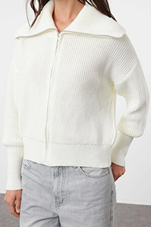 Kadın Moda Şık Regular Devrik Yaka Oversize Lacivert Geniş Kalıp Devrik Yaka Fermuarlı Triko Hırka