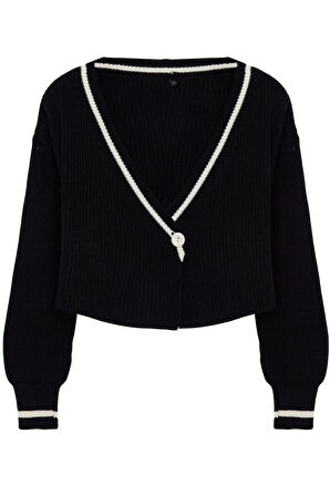 Kadın Moda Şık Crop Kruvaze Regular Crop Renk Bloklu Triko Hırka