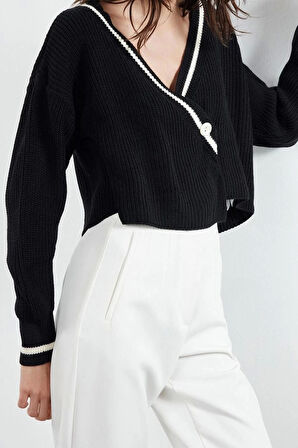 Kadın Moda Şık Crop Kruvaze Regular Crop Renk Bloklu Triko Hırka