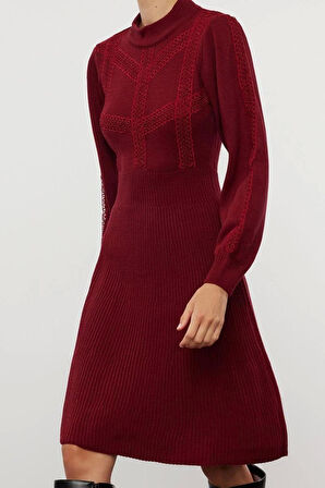 Kadın Moda Şık Mini Boy Dik Yaka Regular Triko Dantelli Elbise