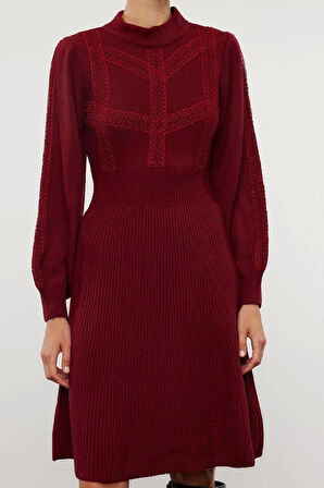 Kadın Moda Şık Mini Boy Dik Yaka Regular Triko Dantelli Elbise