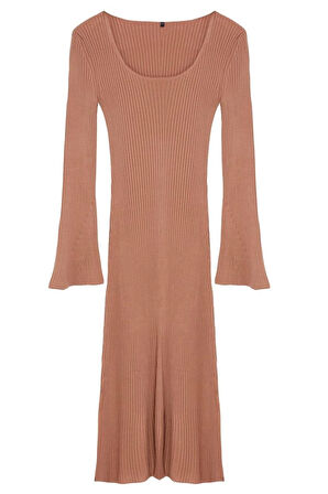 Kadın Moda Şık Midi Boy Kare Yaka Slim Triko Basic Kol Ucu Detaylı Elbise