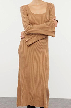 Kadın Moda Şık Midi Boy Kare Yaka Slim Triko Basic Kol Ucu Detaylı Elbise