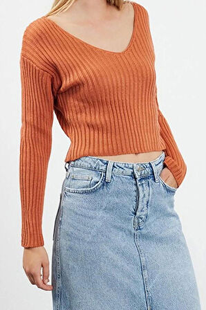 Kadın Moda Şık V Yaka Standart Kol Crop Basic Triko Kazak