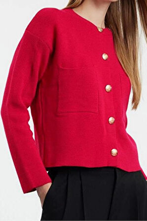 Kadın Moda Şık Regular Bisiklet Yaka Regular Düğme Detaylı Ceket Görünümlü Triko Hırka