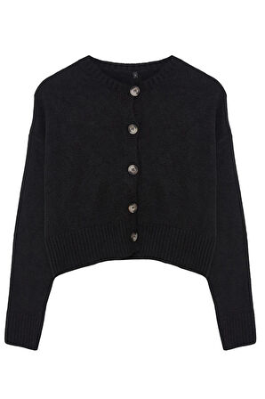 Kadın Moda Şık Crop Bisiklet Yaka Regular Crop Yumuşak Dokulu Düğmeli Triko Hırka