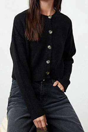 Kadın Moda Şık Crop Bisiklet Yaka Regular Crop Yumuşak Dokulu Düğmeli Triko Hırka