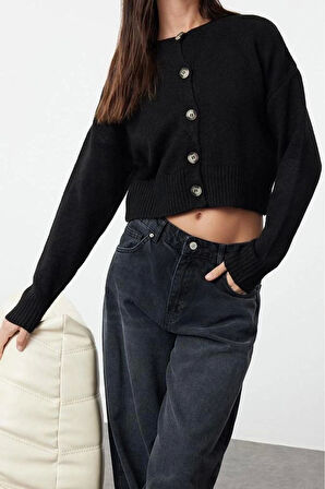 Kadın Moda Şık Crop Bisiklet Yaka Regular Crop Yumuşak Dokulu Düğmeli Triko Hırka