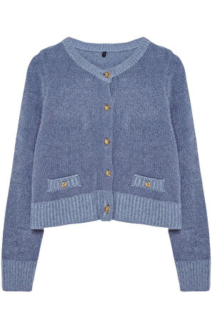 Kadın Moda Şık Crop Bisiklet Yaka Regular Premium İplik Cep Detaylı Triko Hırka