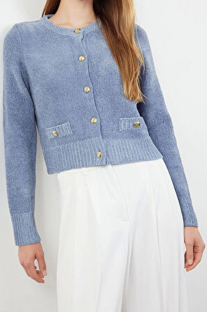 Kadın Moda Şık Crop Bisiklet Yaka Regular Premium İplik Cep Detaylı Triko Hırka