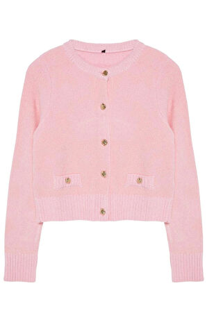 Kadın Moda Şık Crop Bisiklet Yaka Regular Premium İplik Cep Detaylı Triko Hırka