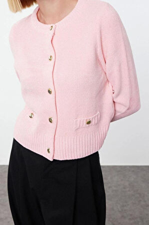 Kadın Moda Şık Crop Bisiklet Yaka Regular Premium İplik Cep Detaylı Triko Hırka