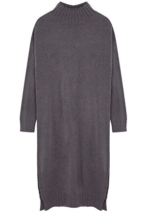 Kadın Moda Şık Midi Boy Dik Yaka Oversize Triko Geniş Kalıp Yumuşak Dokulu Elbise