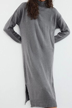 Kadın Moda Şık Midi Boy Dik Yaka Oversize Triko Geniş Kalıp Yumuşak Dokulu Elbise