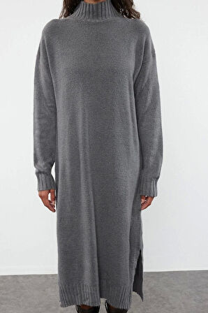 Kadın Moda Şık Midi Boy Dik Yaka Oversize Triko Geniş Kalıp Yumuşak Dokulu Elbise
