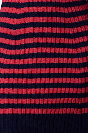 Kadın Moda Şık Maxi Boy Dik Yaka Slim Triko Çizgili Elbise