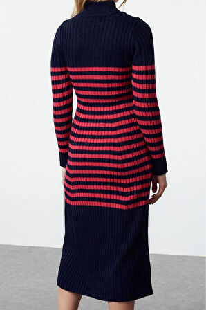 Kadın Moda Şık Maxi Boy Dik Yaka Slim Triko Çizgili Elbise