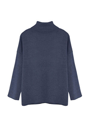Kadın Moda Şık Balıkçı Yaka Standart Kol Regular İndigo Geniş Kalıp Basic Triko Kazak