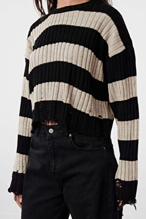 Kadın Moda Şık Bisiklet Yaka Düşük Kol Crop Geniş Kalıp Çizgili Triko Kazak