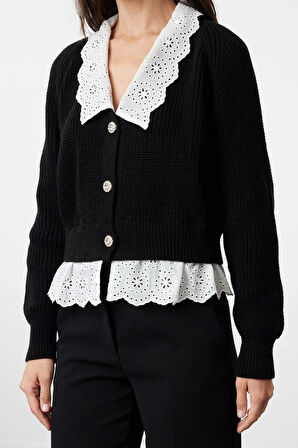 Kadın Moda Şık Regular V Yaka Regular Crop Dokuma Garni Detaylı V Yaka Triko Hırka