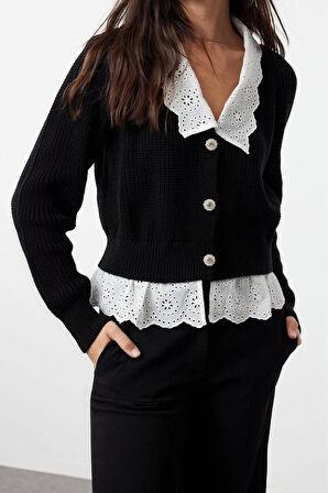 Kadın Moda Şık Regular V Yaka Regular Crop Dokuma Garni Detaylı V Yaka Triko Hırka