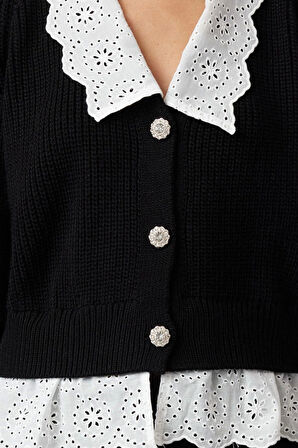 Kadın Moda Şık Regular V Yaka Regular Crop Dokuma Garni Detaylı V Yaka Triko Hırka