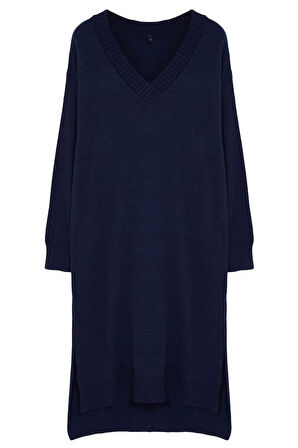 Kadın Moda Şık Maxi Boy V Yaka Oversize Triko Geniş Kalıp Elbise