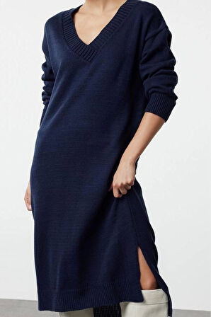 Kadın Moda Şık Maxi Boy V Yaka Oversize Triko Geniş Kalıp Elbise