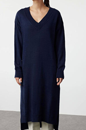 Kadın Moda Şık Maxi Boy V Yaka Oversize Triko Geniş Kalıp Elbise