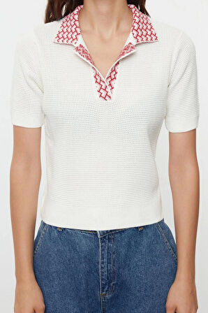 Kadın Moda Şık Üst Giyim Regular Polo Yaka Regular Kalıp Triko Yaka Desenli İnce Bluz