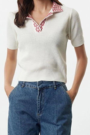 Kadın Moda Şık Üst Giyim Regular Polo Yaka Regular Kalıp Triko Yaka Desenli İnce Bluz