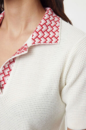 Kadın Moda Şık Üst Giyim Regular Polo Yaka Regular Kalıp Triko Yaka Desenli İnce Bluz